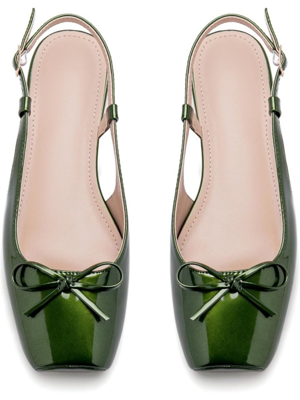 Women's Magic Green Slingback Square Toe Bow Knit Ankle Buckle Satin Ballet Flat